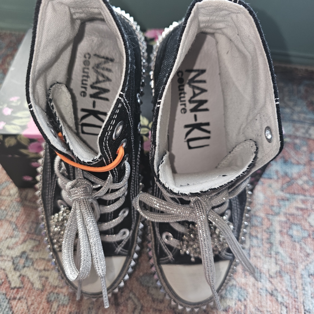Free People Black High-Top Studded Sneakers with Crystal Pom Accents - Picture 2 of 4